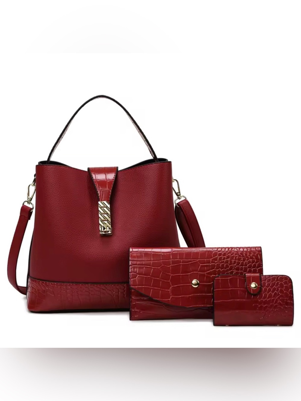 Classic Red Women's Faux Leather Tote Handbag Set